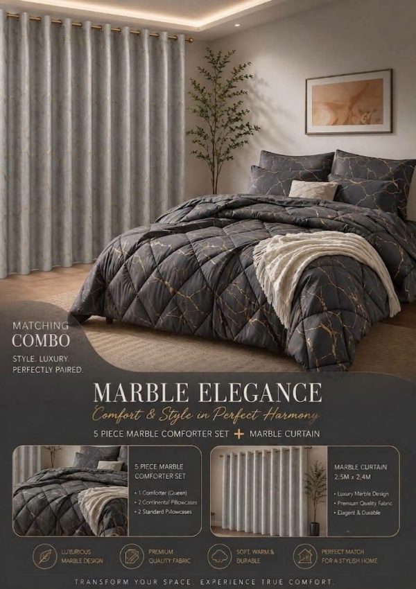 Queen 5 pc Bedding and Dark Curtains combo